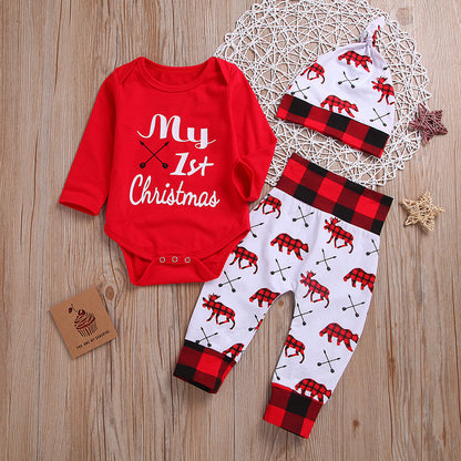 Christmas Long-Sleeved One-piece Romper + Trousers Three-piece Children's Clothing