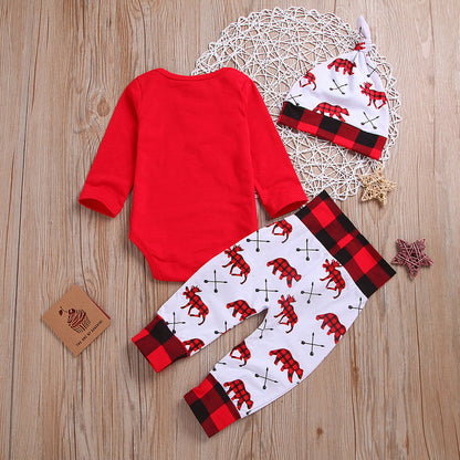 Christmas Long-Sleeved One-piece Romper + Trousers Three-piece Children's Clothing