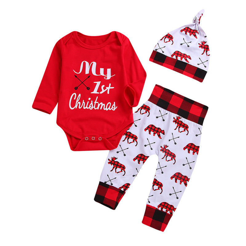 Christmas Long-Sleeved One-piece Romper + Trousers Three-piece Children's Clothing